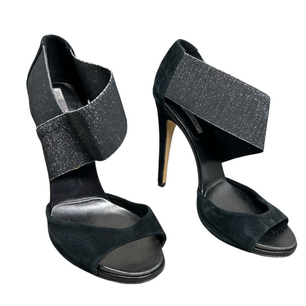 DVF Diane von Furstenberg Black Suede Glitz Ankle Strap Stiletto Heels 7 B Italy - Picture 3 of 12